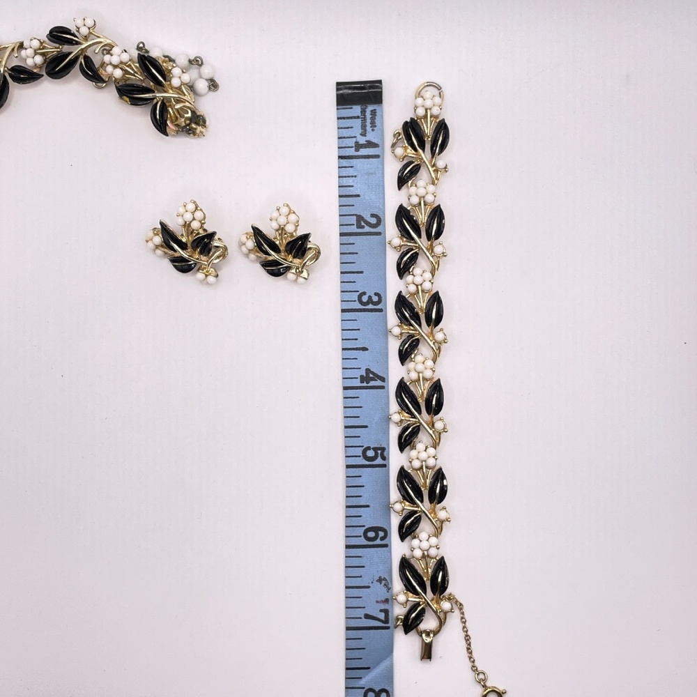 Coro Vintage RARE Black Enamel White Bead Parure Necklace Earrings Bracelet Set - Picture 11 of 16
